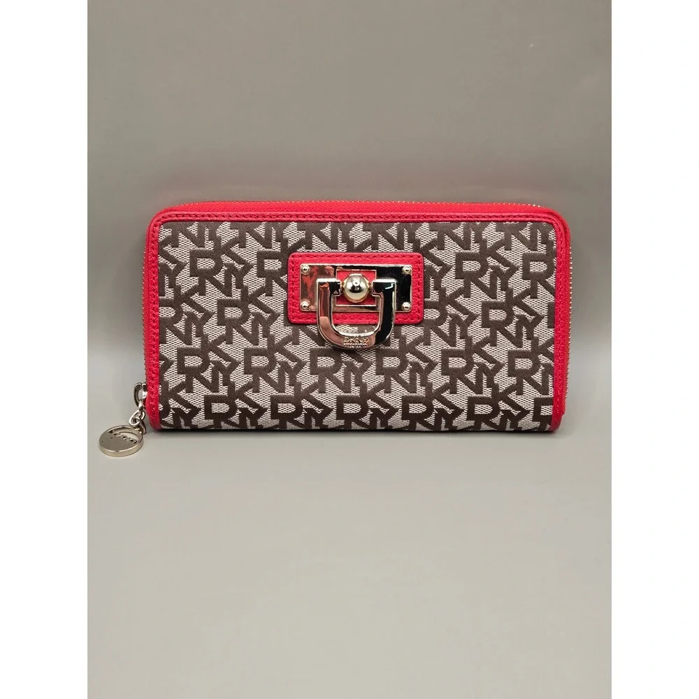 DKNY Donna Karan New York Logo Zip Around Wallet Red Brown